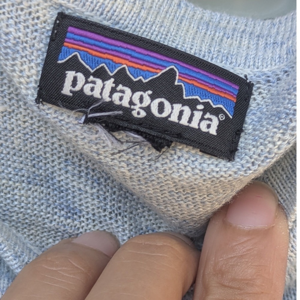 Patagonia Women Light Blue Heather Knit Boat Neck High Low Short Sleeve Sweater - Picture 3 of 4